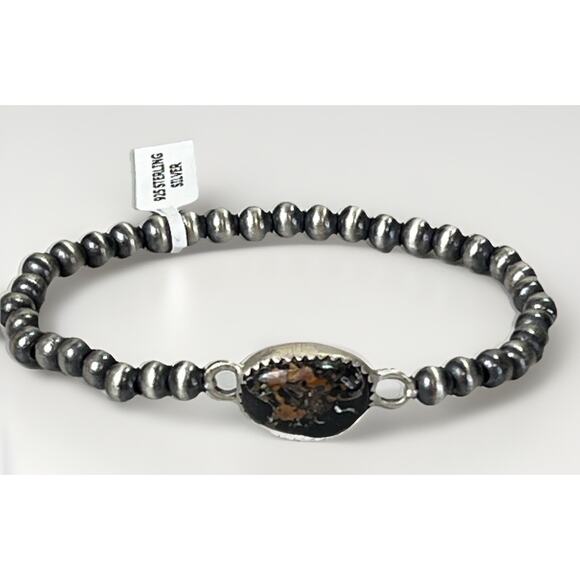 Native American Sterling Silver Pearl & Black Jack Turquoise Navajo Bracelet 7.5 - Picture 2 of 10